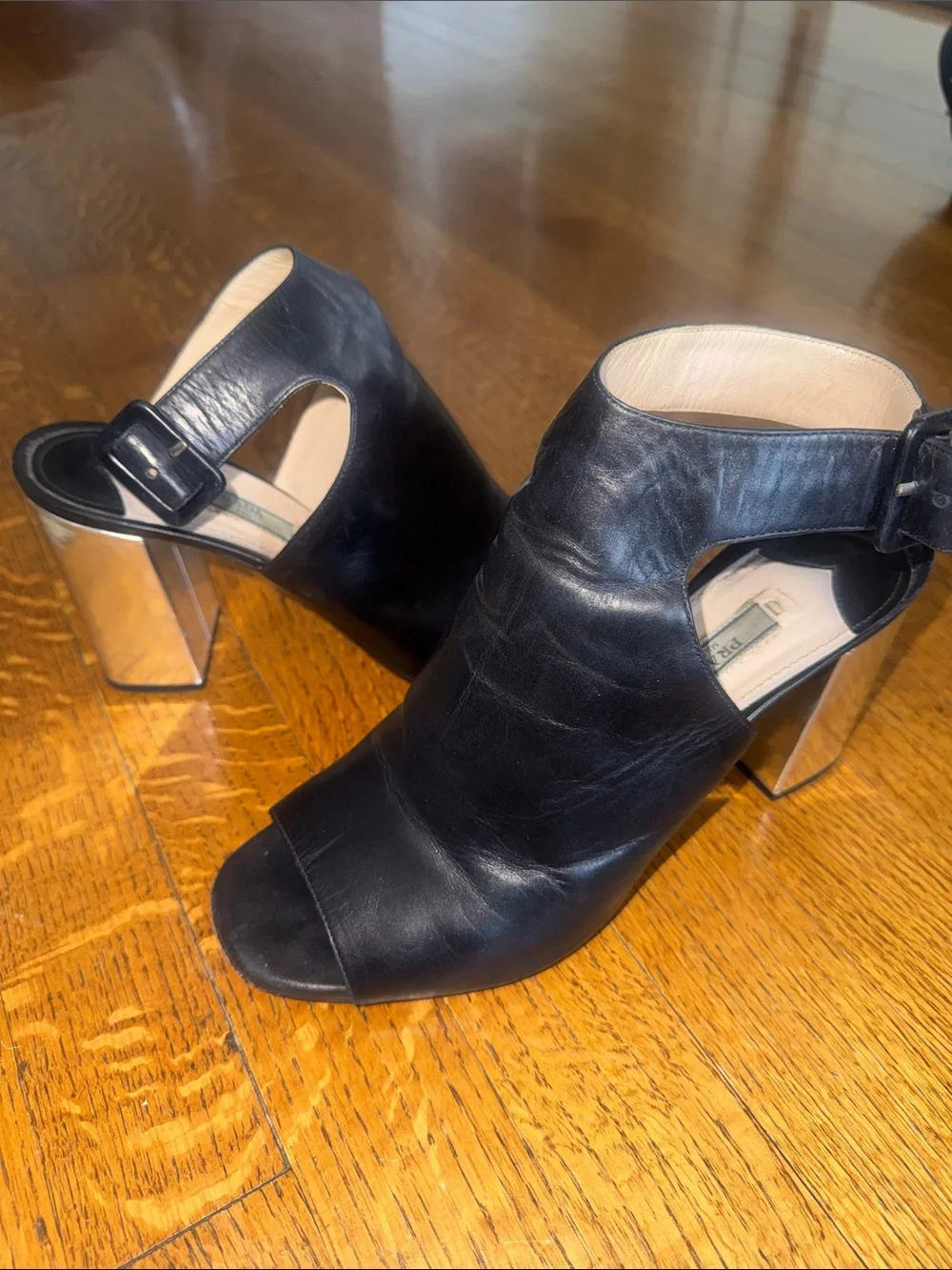 Prada Black Leather Open-Toe Booties with Clear Block Heel